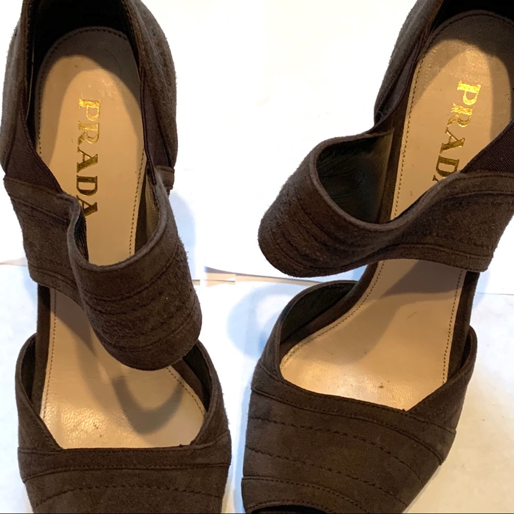 Prada Suede Grey Brown High Peep Heel 37 7 - Picture 9 of 14